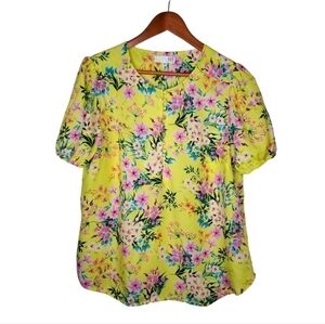 Kut from the Kloth Canary Yellow Pink Floral Blouse Size L